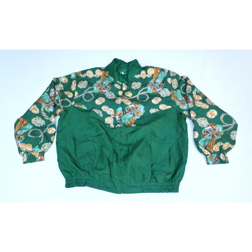 Hunt Club Vintage 90s Womens L 100% Silk Bomber Jacket Green Baroque Print Glam